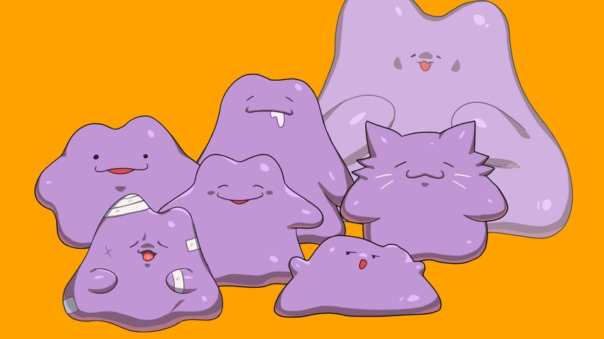 ambiguous_gender bandage bodily_fluids dot_eyes drooling group open_mouth orange_background purple_arms purple_body purple_goo saliva simple_background drunk_oak nintendo pokemon ditto_(pokemon) generation_1_pokemon goo_creature pokemon_(species) 16:9 2023 hi_res widescreen