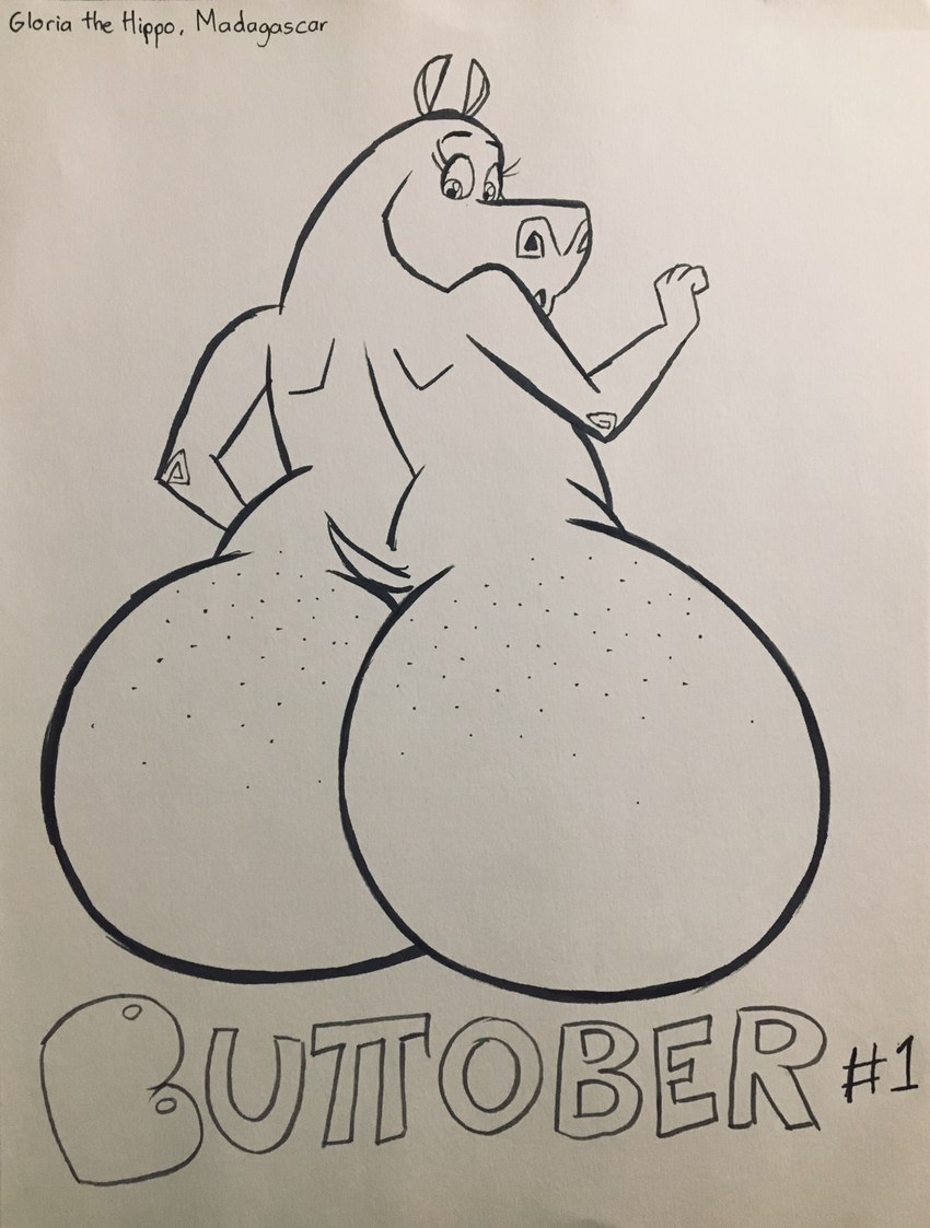 anthro big_butt butt female freckled_butt freckles inked_drawing looking_at_own_butt looking_back looking_down open_mouth rear_view solo text thick_thighs wide_hips blu3danny dreamworks madagascar_(series) gloria_the_hippopotamus hippopotamid mammal 2019 black_and_white english_text hi_res monochrome traditional_media_(artwork)