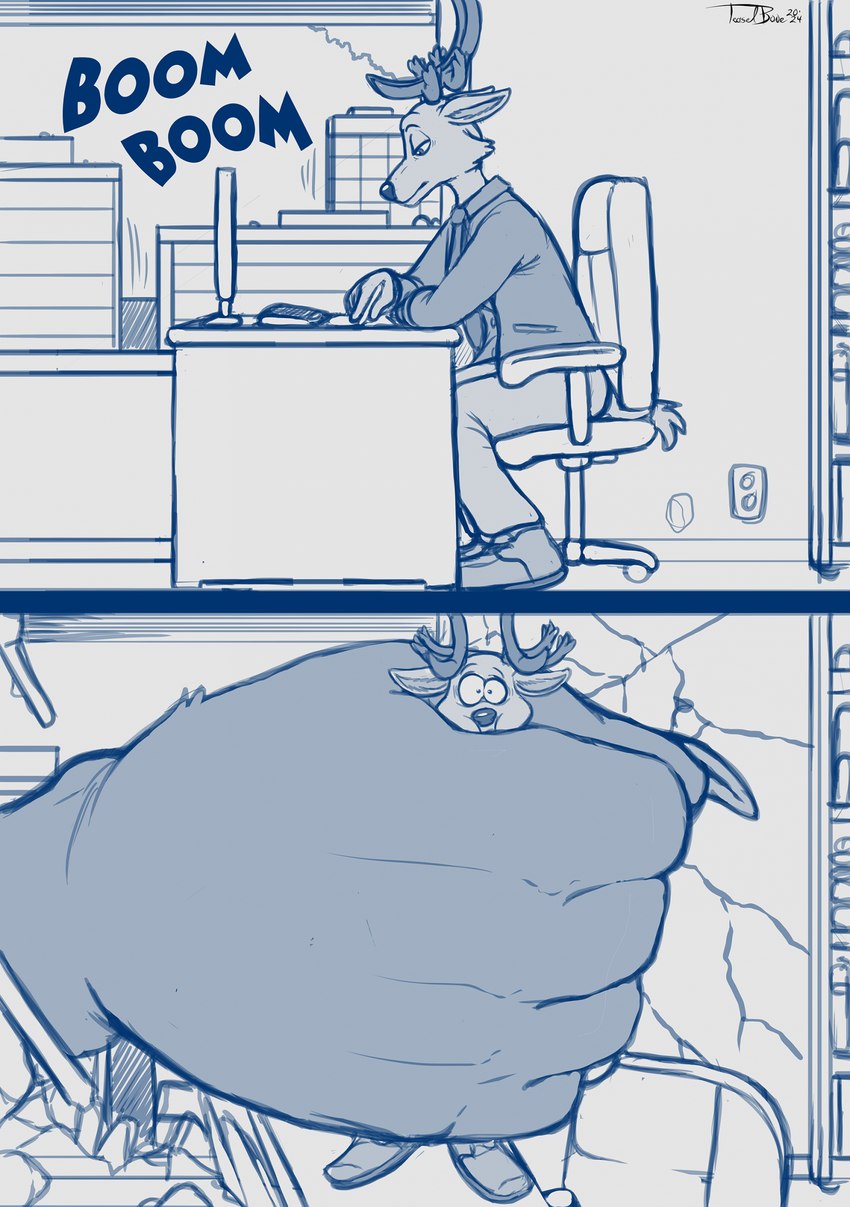 ambiguous_gender anthro antlers black_nose bored bottomwear chair clothing desk destroyed_wall duo electronics extreme_size_difference furniture grabbing_another growth horn looking_down macro macro_ambiguous macro_anthro male monitor necktie office office_chair pants shocked sitting size_difference suit table teaselbone beastars juno_(beastars) louis_(beastars) deer mammal 2024 hi_res