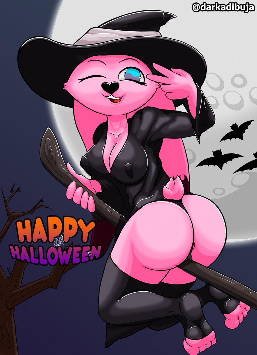 anthro big_breasts big_butt blue_eyes breasts broom broom_riding butt butt_pose cleaning_tool clothing costume female footwear fur hat headgear headwear holidays nipple_outline one_eye_closed pink_body pink_fur pose purple_eyes scut_tail short_tail socks solo tail wink witch_costume witch_hat darkadibuja halloween lagomorph leporid mammal rabbit rebecca_(disambiguation) 2022 absurd_res hi_res