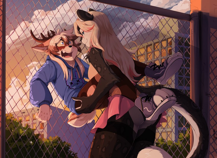 5_fingers against_fence against_surface anthro anthro_on_anthro antlers bangs biped blush blush_lines bottomwear breasts building carrying_another carrying_partner chain-link_fence claws closed_smile clothed clothed_anthro clothed_female clothed_male clothing cloud dominant dominant_female drawstring drawstring_clothing drawstring_hoodie drawstring_topwear duo eye_contact eyebrow_through_hair eyebrows fangs feet female female_anthro fence fingers flustered flustered_male footwear hair hair_between_eyes hand_on_another's_butt hand_on_butt highlights_(coloring) hoodie horn humanoid_hands larger_female light long_hair long_tail looking_at_another looking_at_partner male male/female male_anthro mouth_closed narrowed_eyes open_mouth outside paw_shoes plant plantigrade shoes short_tail size_difference skimpy skirt smaller_male smile smiling_at_another smiling_at_partner tail teeth toe_claws toeless_footwear toeless_shoes toes topwear translucent translucent_hair wide_eyed hakkids2 aster_faye felid feline jackalope lagomorph mammal absurd_res hi_res lighting