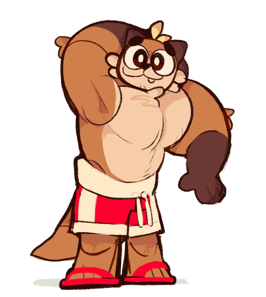 anthro big_eyes clothing hand_behind_head male muscular muscular_anthro muscular_male sandels simple_background smile solo standing swimming_trunks swimwear white_background scraffyraccoon otto_(scraffyraccoon) mammal mustelid otter 2021 hi_res