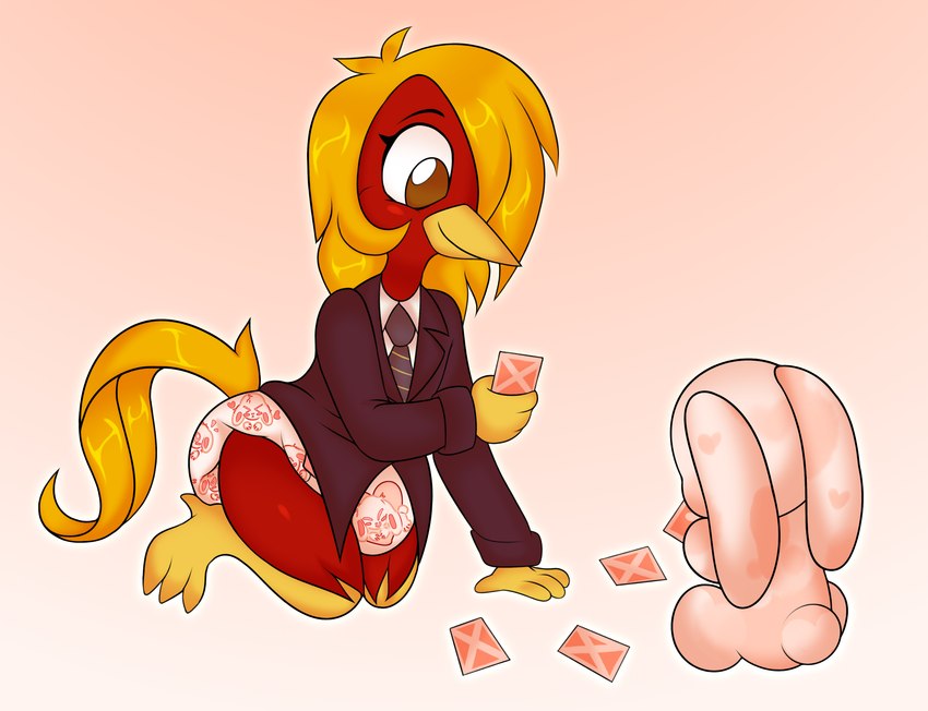 anthro beak blazer card clean_diaper clothed clothing diaper feathers hair long_hair long_tail necktie pattern_diaper plushie red_body red_feathers school_uniform tail uniform wearing_diaper yellow_beak yellow_body yellow_feathers young young_anthro 19itsme87 glori_gamebird avian bird chrysolophus galliform golden_pheasant lagomorph leporid mammal phasianid rabbit absurd_res hi_res