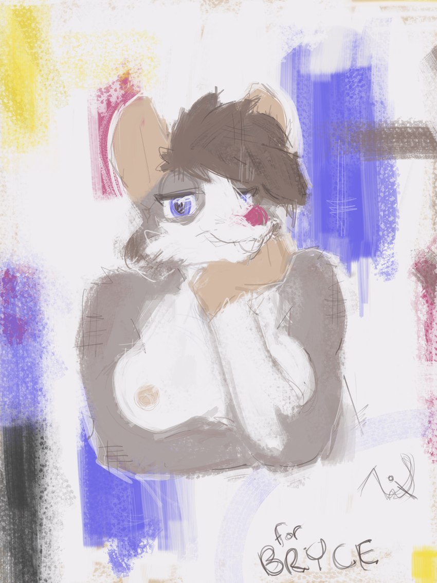 anthro areola arm_under_breasts blue_eyes breasts buckteeth expressionism female fur grey_body grey_fur hand_on_chin looking_at_viewer nipples nude solo tasteful_nudity teeth theomnipotentkitteh bryce_(nomadcanid) mammal murid murine rat rodent digital_media_(artwork) digital_painting_(artwork) half-length_portrait hi_res portrait