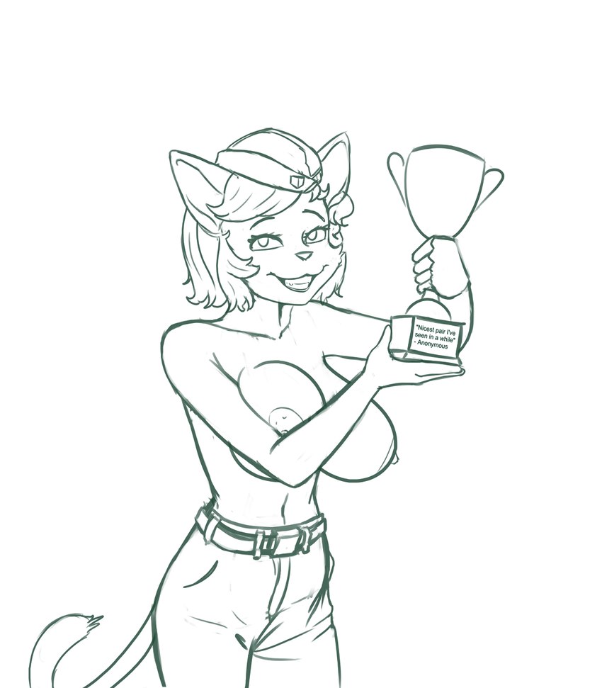 anthro award belt big_breasts bottomwear breast_squish breasts clothed clothing female fur hair hat headgear headwear looking_at_viewer nipples pants shirtless simple_background smile solo squish text topless trophy callmewritefag cyberconnect2 fuga:_melodies_of_steel little_tail_bronx cannelle_muscat domestic_cat felid feline felineko felis mammal 2022 digital_drawing_(artwork) digital_media_(artwork) english_text hi_res monochrome sketch