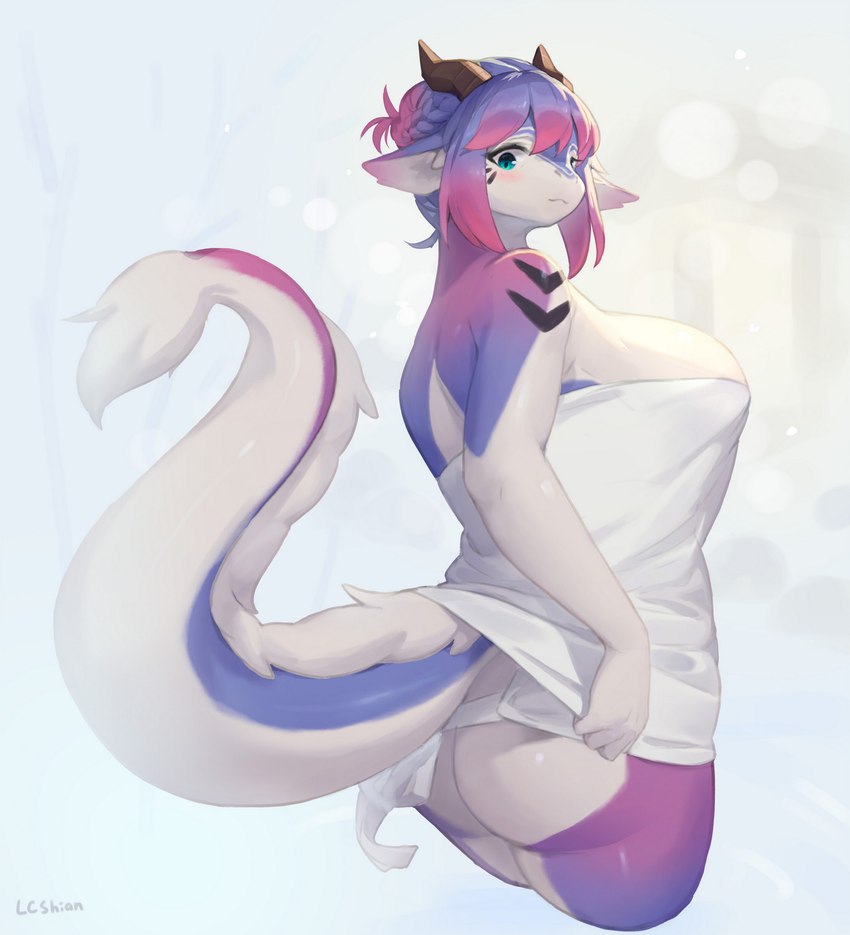 anthro big_breasts blue_eyes blush breasts butt female female_anthro fur hair horn purple_hair simple_background solo tail towel white_background lcshian mythology lanya_(lcshian) dragon mythological_creature mythological_scalie scalie hi_res