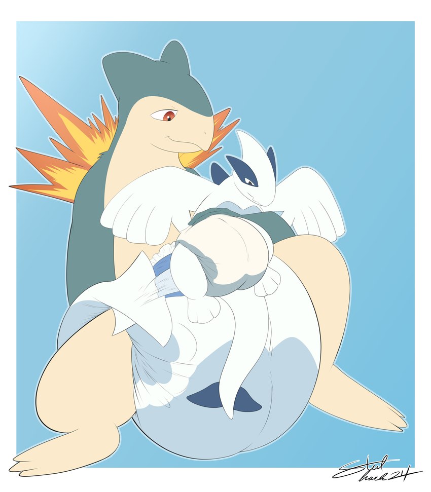 ambiguous_gender anthro big_daiper big_diaper clean_diaper clothed clothing cuddling diaper front_view holding_object holding_plushie plushie print_diaper sitting smile solo wearing_diaper steelshark nintendo pokemon generation_2_pokemon legendary_pokemon lugia pokemon_(species) typhlosion absurd_res hi_res