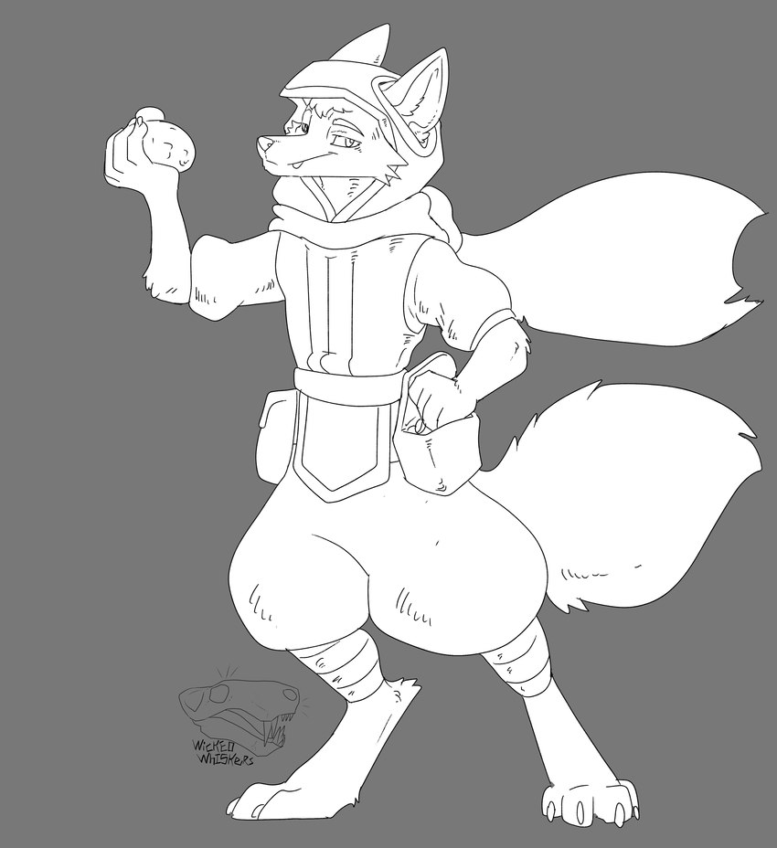 belt belt_pouch bottomwear clothing coin coin_purse fantasy hood pants paws scarf shirt smug_expression topwear wicked_whiskers zgf_art canid canine fox mammal 2024 absurd_res hi_res monochrome