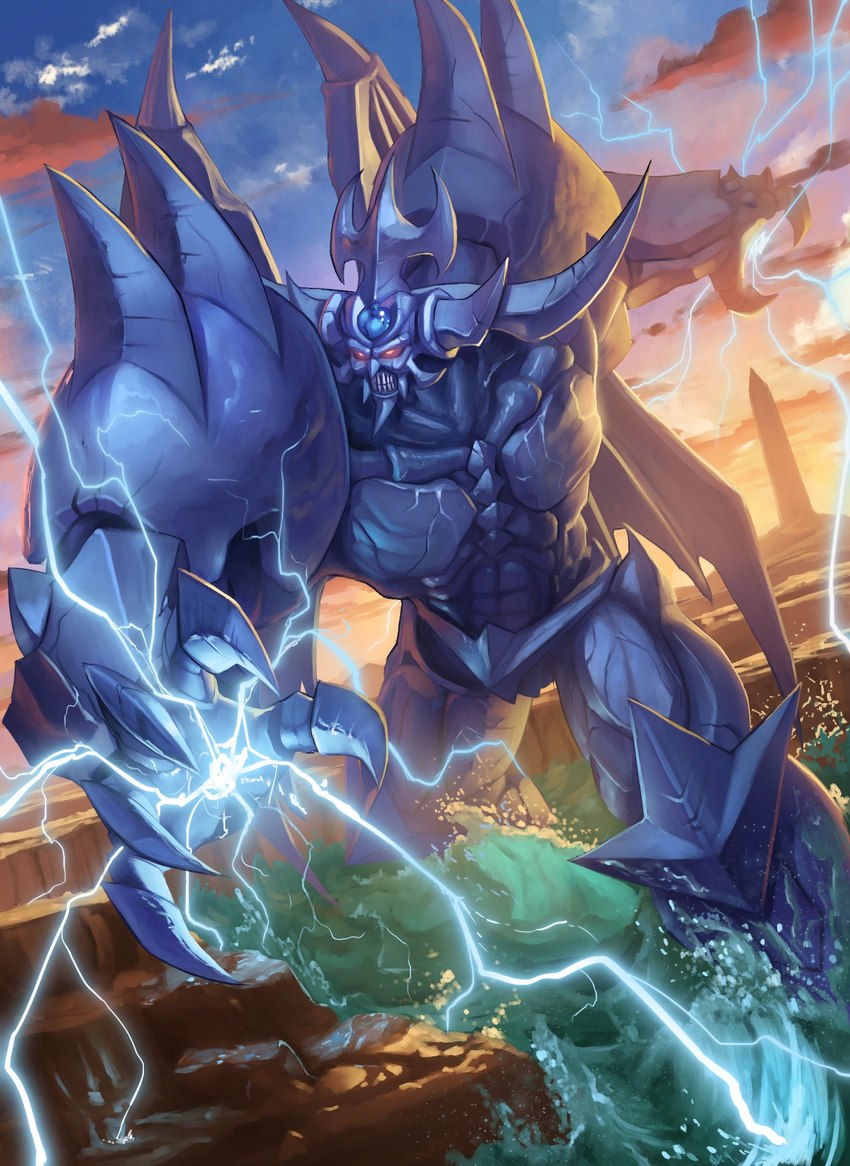 abs anthro blue_body cloud day detailed_background electricity horn male membrane_(anatomy) membranous_wings muscular muscular_anthro muscular_male partially_submerged red_eyes rock solo teeth water wings supearibu konami yu-gi-oh! obelisk_the_tormentor duel_monster monster 2021 hi_res