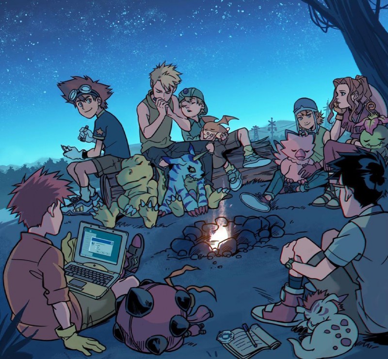 bonfire calm computer electronics group laptop large_group log outside sky sleeping star starry_sky wood gabriel_picolo bandai_namco digimon izzy_izumi joe_kido matt_ishida mimi_tachikawa sora_takenouchi taichi_kamiya takeru_takaishi agumon biyomon digimon_(species) gabumon gomamon human mammal palmon patamon tentomon