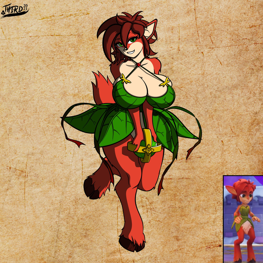 anthro big_breasts breasts brown_hair female gem grass_skirt hair huge_breasts looking_at_viewer short_hair smile solo third thirdstuff activision spyro_reignited_trilogy spyro_the_dragon elora faun_(spyro) mammal 1:1 hi_res