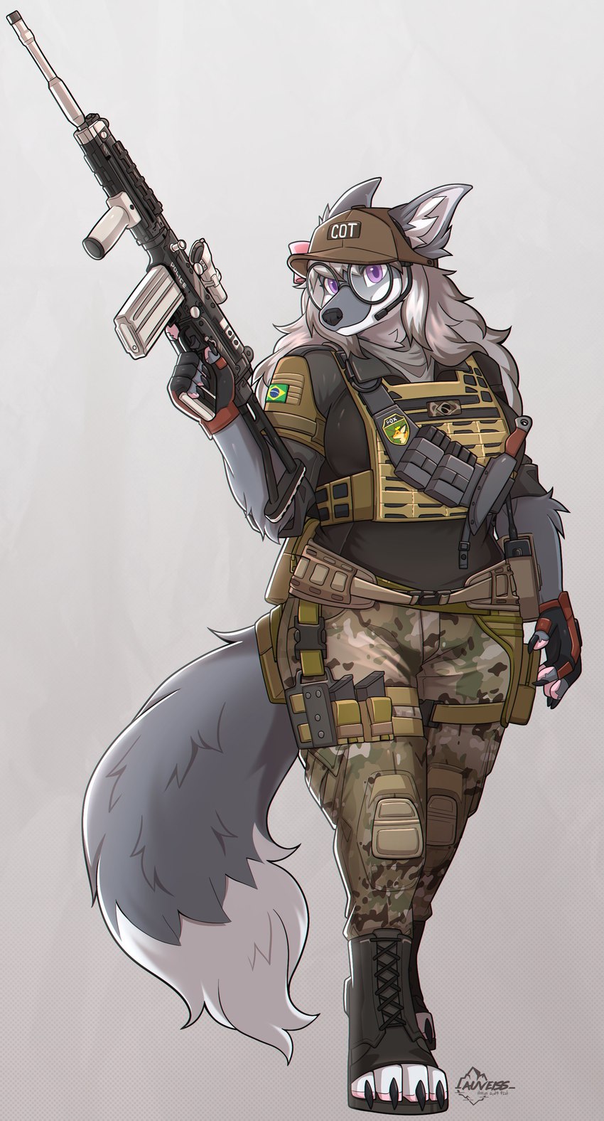 anthro assault_rifle bottomwear brazilian_flag bulletproof_vest camo camo_bottomwear camo_clothing camo_pants camo_print clothed clothing eyewear female fingerless_gloves fn_fal_para footwear glasses gloves gun handwear hat headgear headwear holding_gun holding_object holding_ranged_weapon holding_rifle holding_weapon knee_pads knife pants pattern_bottomwear pattern_clothing pattern_pants ranged_weapon rifle round_glasses simple_background solo standing toeless_footwear weapon white_background auveiss rainbow_six:_siege tom_clancy's_(series) ubisoft brava_(rainbow_six:_seige) canid canine canis mammal wolf 2023 absurd_res hi_res