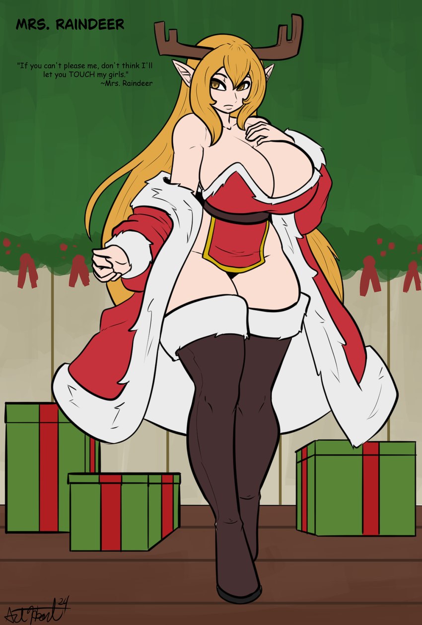 antlers big_breasts blonde_hair breasts clothing coat female hair holidays horn humanoid_pointy_ears inside long_hair pointy_ears red_clothing red_coat red_topwear solo thick_thighs topwear bear213 christmas mrs._raindeer_(bear213) deer human mammal new_world_deer reindeer 2024 flat_colors hi_res model_sheet