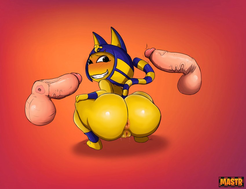 anthro anus balls big_balls big_breasts big_butt breasts bubble_butt butt crouching egyptian female genitals group huge_butt male male/female nipples open_mouth pussy smile mastr7up animal_crossing nintendo ankha_(animal_crossing) domestic_cat felid feline felis human mammal