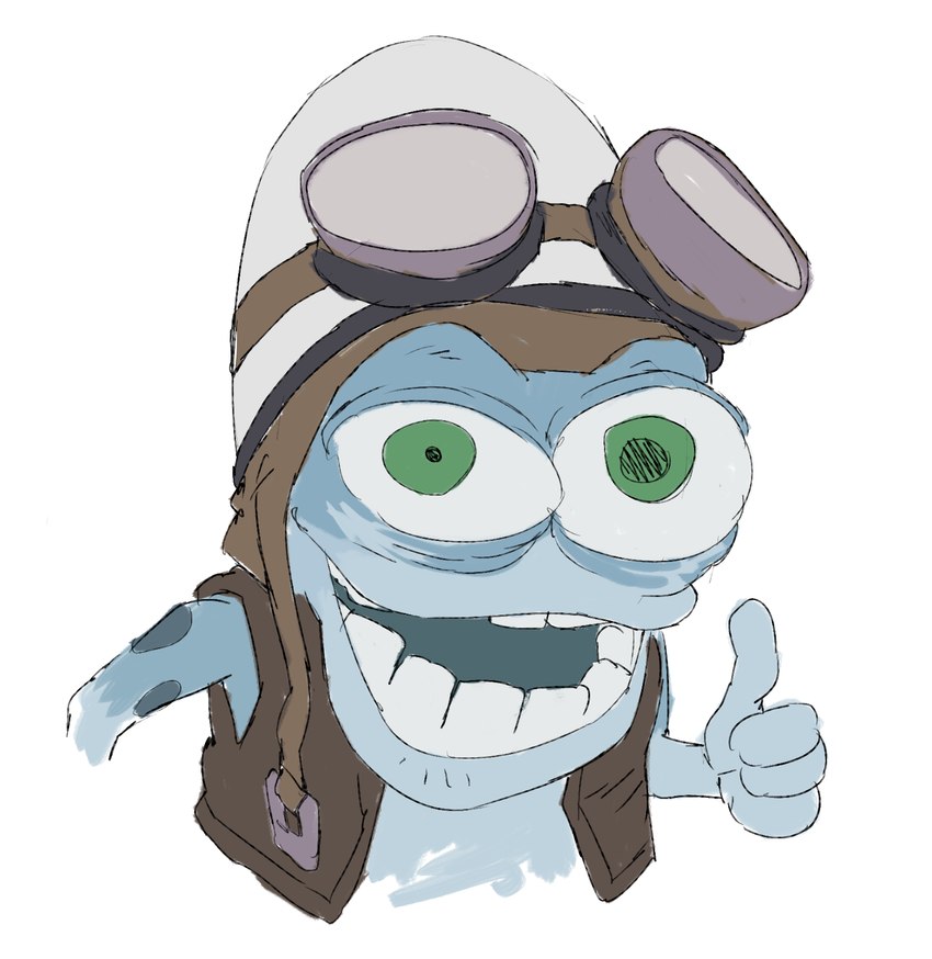 4_fingers armor blue_body blue_skin crooked_teeth eyewear fingers gesture goggles goggles_on_headwear green_eyes hand_gesture headgear helmet looking_at_viewer male markings simple_background solo spots spotted_markings thumbs_up white_background worthikids crazy_frog amphibian frog 2020 english_description hi_res