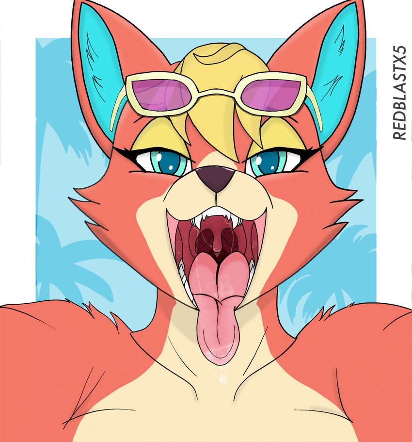 anthro blue_eyes blue_inner_ear bodily_fluids brown_nose countershade_face countershade_neck countershade_torso countershading eyewear eyewear_on_head female front_view fur glasses glasses_on_head imminent_vore looking_at_viewer mouth_shot open_mouth pink_tongue red_body red_fur saliva smile solo sunglasses tan_body tan_countershading tongue uvula redblast animal_crossing nintendo audie_(animal_crossing) canid canine canis mammal wolf digital_drawing_(artwork) digital_media_(artwork) hi_res