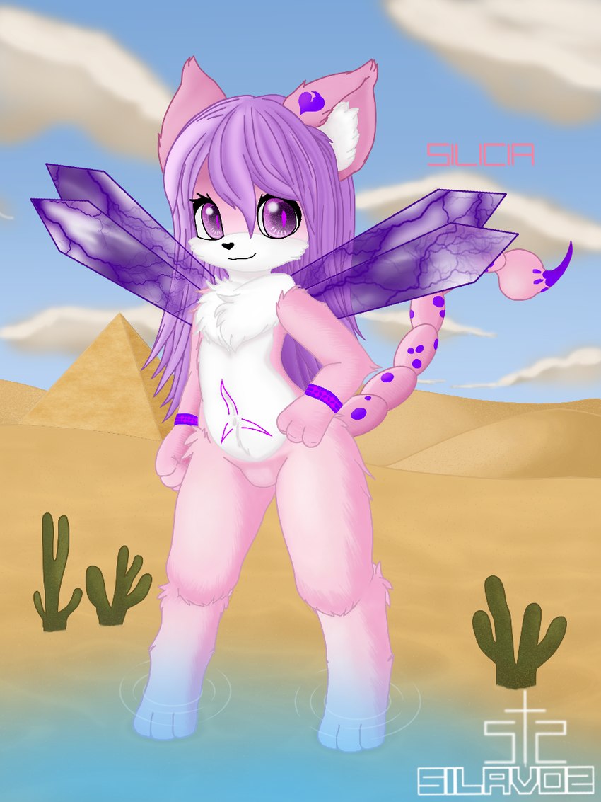 anthro beach cactus desert desert_background female fur grin hair holding_hips long_hair oasis partially_submerged pink_body pink_fur plant purple_eyes purple_hair pyramid scorpion_tail shallow_water smile solo standing symbol_on_belly water white_body white_fur wings young young_anthro young_female silavos silicia arachnid arthropod canid canine chimera felid feline fox mammal scorpion 3:4 hi_res watermark