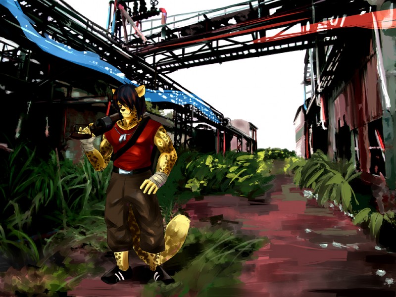 anthro brown_clothing clothed clothing fur gun male muscular muscular_anthro muscular_male outside ranged_weapon shotgun solo tail weapon weapon_on_shoulder yellow_body yellow_fur ainro team_fortress_2 valve scout_(team_fortress_2) cheetah felid feline mammal 4:3