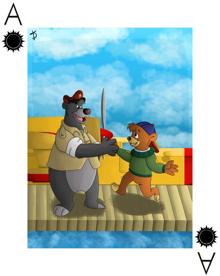 aircraft airplane anthro duo gesture high_five male pier vehicle young young_anthro young_male shiromon999 disney talespin the_jungle_book baloo kit_cloudkicker bear mammal sloth_bear ursine 4:5 absurd_res hi_res