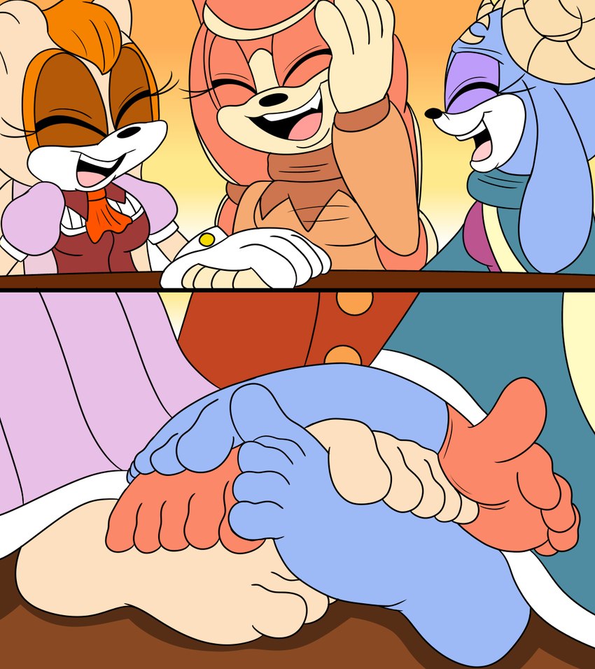 anthro barefoot big_feet feet female female/female female_anthro foot_fetish foot_focus foot_play foot_rub footsie furniture group happy intimate laugh massage mature_anthro mature_female rubbing soles table toes trio mepwep sega sonic_dream_team sonic_the_hedgehog_(series) the_murder_of_sonic_the_hedgehog ariem_(sonic) conductor's_wife_(sonic) vanilla_the_rabbit bovid canid canine canis caprine domestic_dog lagomorph leporid mammal rabbit sheep 2024 comic hi_res