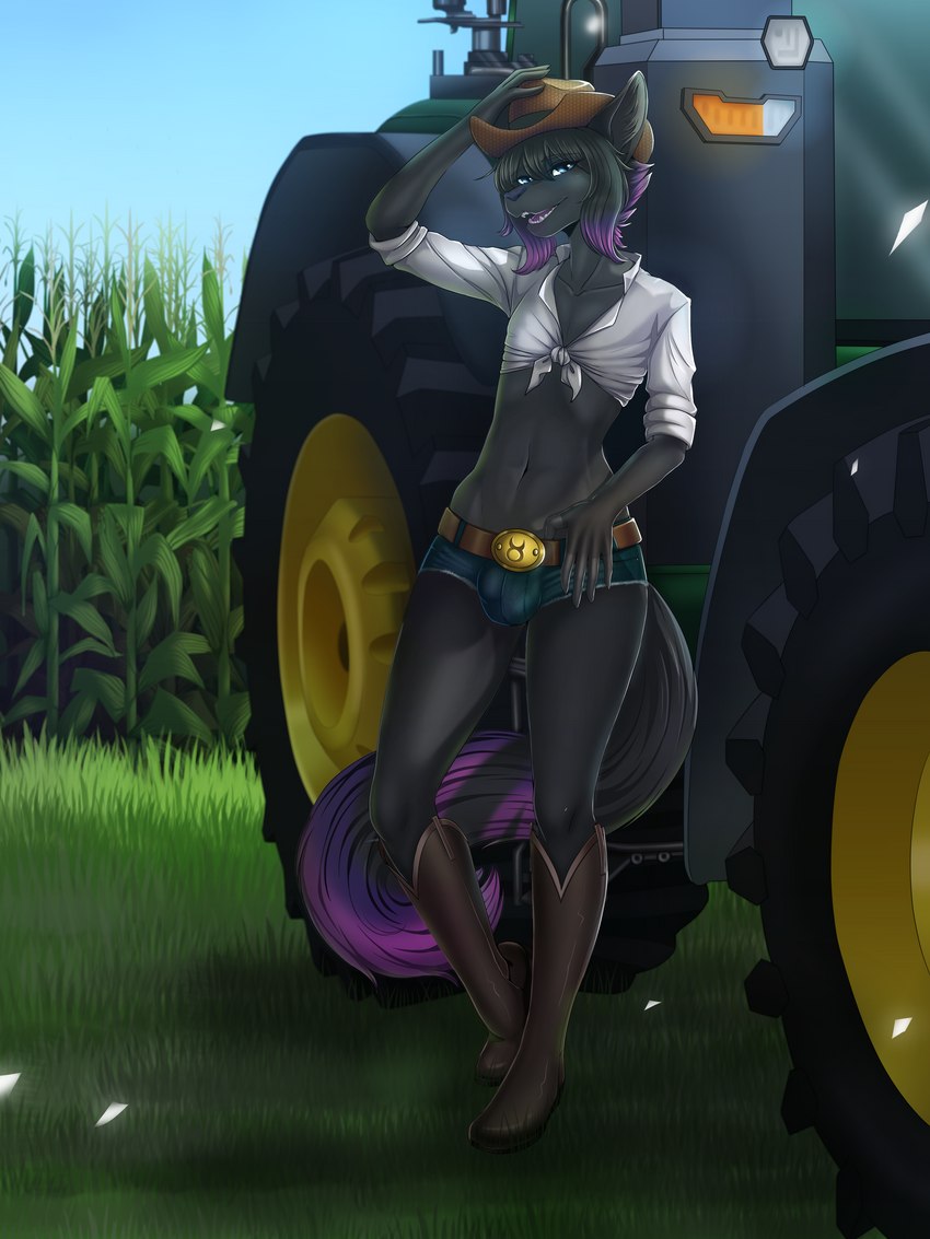 anthro boots bottomwear clothing cowboy cowboy_boots cowboy_hat farm farmboy farmer farming femboy footwear hat headgear headwear hotpants male outside prosthetic shoes shorts solo tractor vehicle laralila suerte deity domestic_cat felid feline felis mammal 3:4 absurd_res hi_res