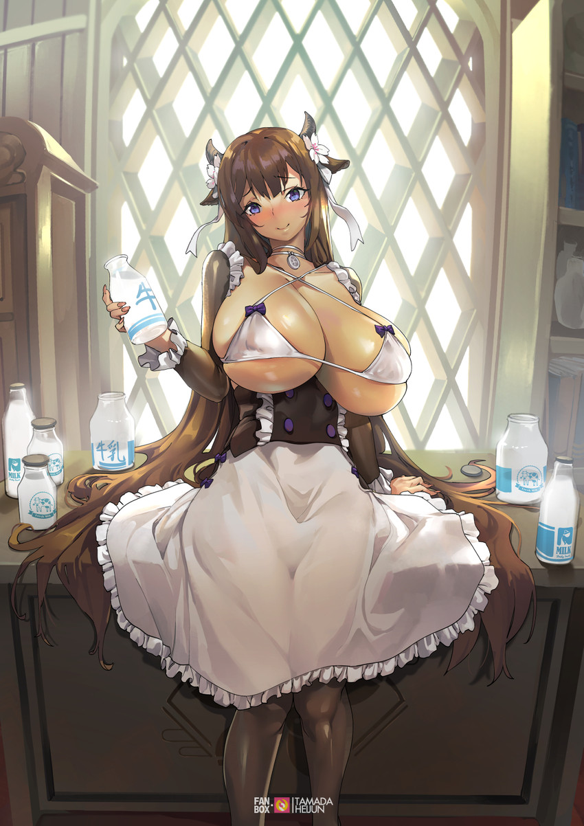 accessory areola areola_slip big_breasts biped blue_eyes blush bottle breasts brown_hair container detailed_background female flower flower_in_hair hair hair_accessory horn huge_breasts inside long_hair looking_at_viewer milk nipple_outline plant sitting smile solo text tamada_heijun azur_lane kashino_(azur_lane) animal_humanoid bovid bovid_humanoid bovine bovine_humanoid humanoid mammal mammal_humanoid artist_name digital_media_(artwork) hi_res japanese_text