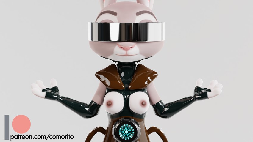 anthro armwear breasts clothing elbow_gloves exposed_breasts female fingerless_gloves gloves handwear latex multicolored_body nipples rubber_clothing simple_background solo text two_tone_body visor comorito disney zootopia judy_hopps lagomorph leporid mammal rabbit 16:9 3d_(artwork) 4k absurd_res digital_media_(artwork) hi_res url widescreen