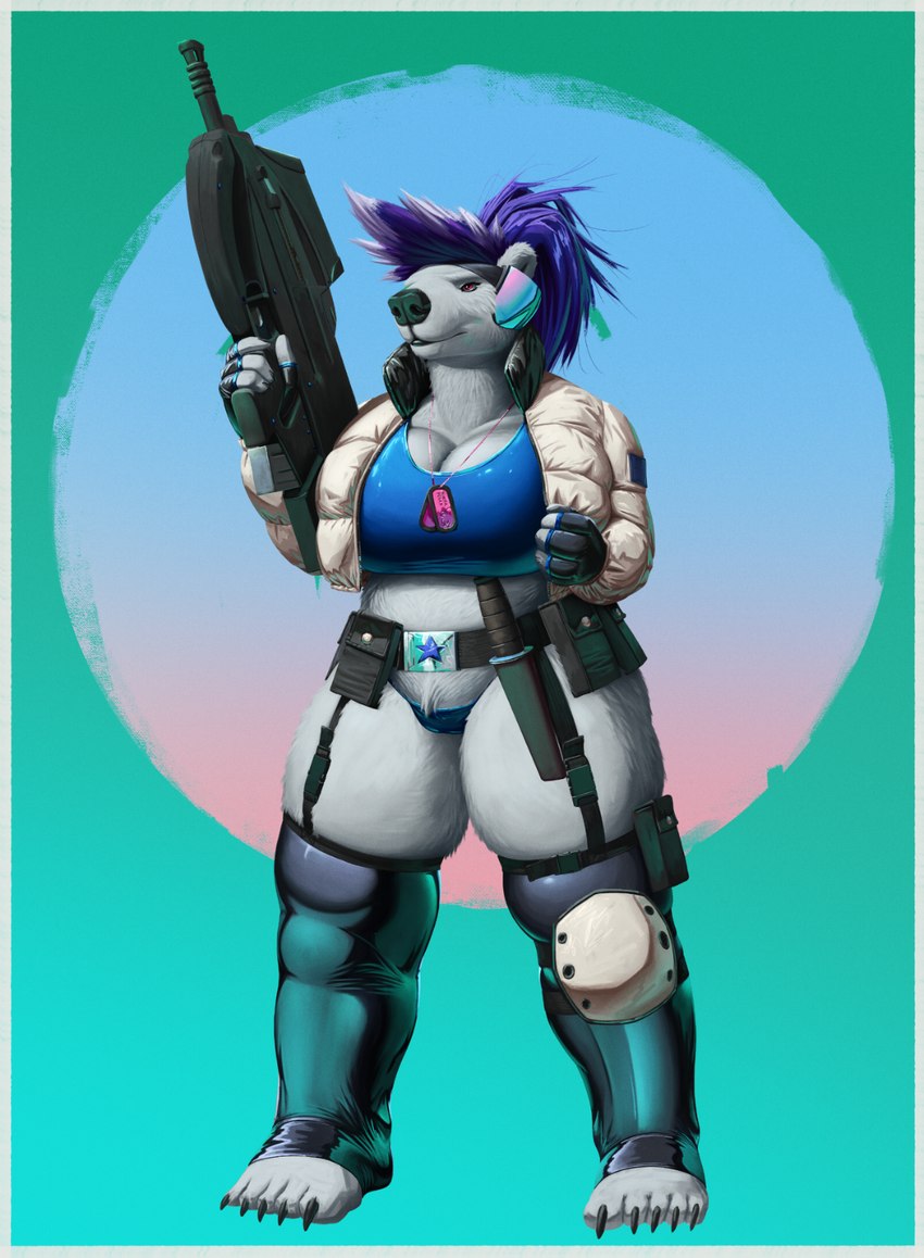 anthro assault_rifle belt big_breasts blue_hair bottomwear breasts clothed clothing dog_tags female fn_f2000 fur gloves gun hair handwear headgear holding_gun holding_object holding_ranged_weapon holding_weapon humanoid_hands jacket knife latex latex_clothing latex_gloves latex_handwear latex_legwear latex_skinsuit latex_stockings legwear overweight pink_eyes puffer_jacket ranged_weapon rifle rubber_clothing simple_background skinsuit slightly_chubby slightly_chubby_female smile solo standing stockings thick_thighs thong tight_clothing topwear underwear weapon white_body white_fur wide_hips tall_lizzard_(artist) bear mammal polar_bear ursine digital_media_(artwork) hi_res