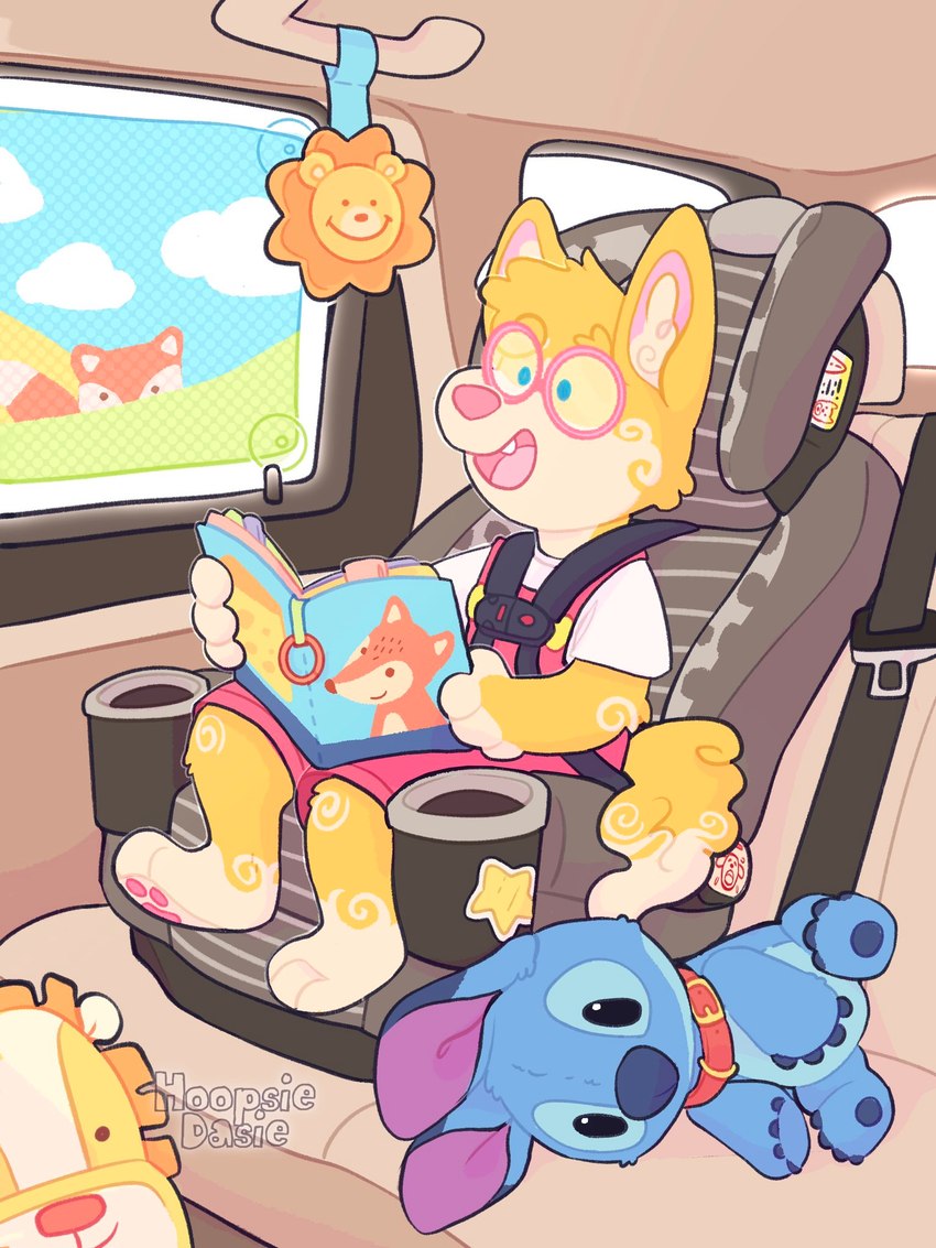 anthro backpack blue_eyes book car car_seat clothing cute_fangs detailed_background fangs fur happy holding_object inside_car inside_vehicle male open_mouth open_smile overalls plushie reading reading_book shirt shortalls sitting smile solo tan_body tan_fur teeth toddler tongue topwear vehicle yellow_body yellow_fur young young_anthro young_male hoopsiedasie air_(htodinth) canid canine fox mammal 2025 3:4 compression_artifacts hi_res