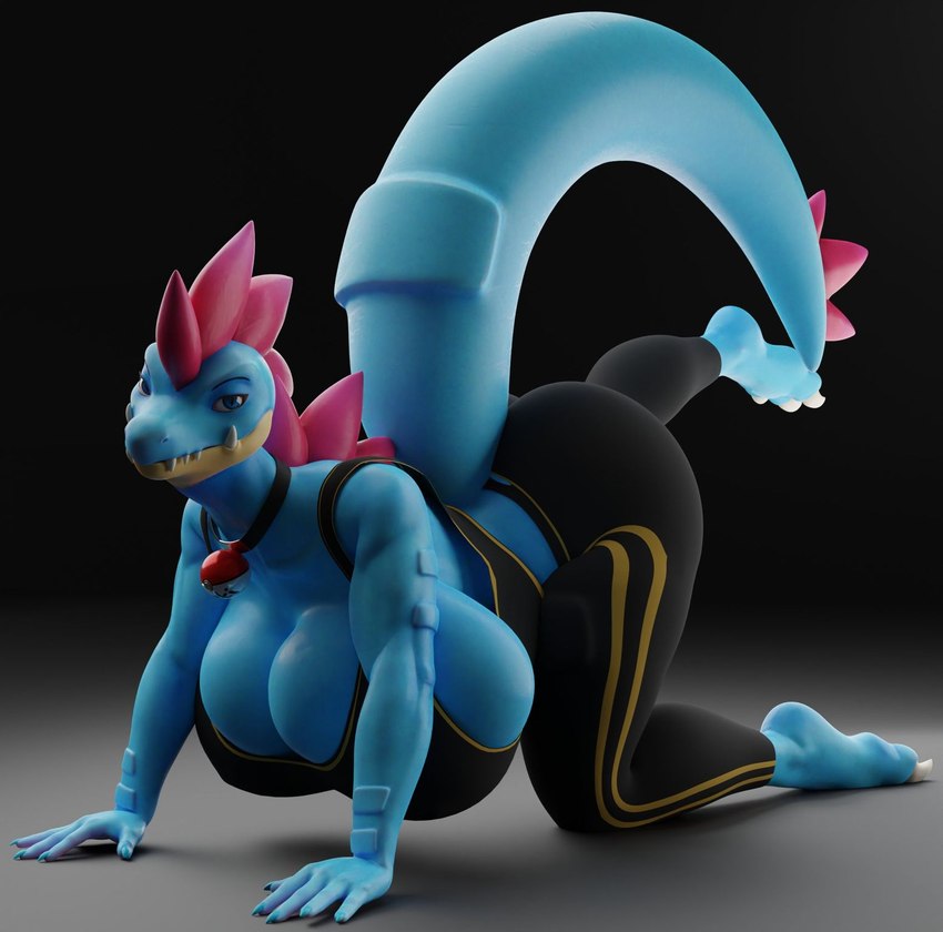 anthro anthrofied big_breasts blue_body blue_eyes bra breasts butt cleavage clothed clothing collar female hanging_breasts huge_breasts pokemorph raised_leg simple_background solo tail underwear fallen_angel_(artist) nintendo pokemon yuki_(evov1) yukigatr_(evov1) feraligatr generation_2_pokemon pokemon_(species) scalie 3d_(artwork) digital_media_(artwork) hi_res