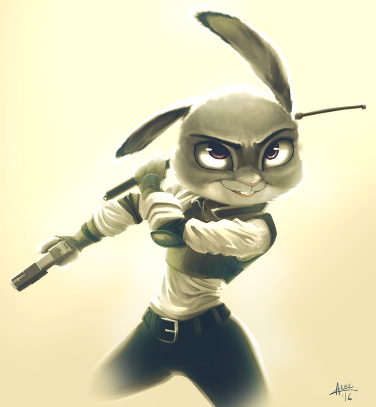 anthro armor baton body_armor buckteeth clothed clothing dipstick_ears ear_markings female gradient_background gun holding_gun holding_object holding_ranged_weapon holding_weapon multicolored_ears police police_baton ranged_weapon simple_background smile solo teeth weapon alec8ter conditional_dnp disney zootopia judy_hopps lagomorph leporid mammal rabbit 2016 hi_res signature