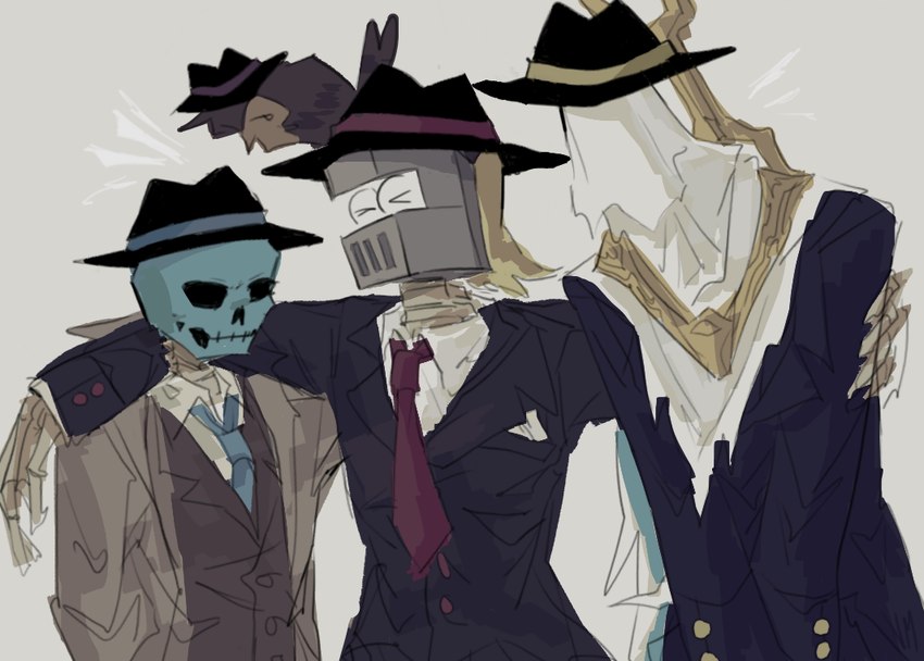 >_< ambiguous_gender arm_around_another arm_around_back arm_around_neck armor black_clothing black_suit blue_necktie blue_skull bone carrying_another clothing coat eyes_closed fedora feral group hat headgear headwear helmet necktie on_head red_necktie skeleton suit topwear volatilemask new_blood_interactive ultrakill hank_(ultrakill) mysterious_druid_knight owl_(ultrakill) the_ferryman_(ultrakill) animated_skeleton avian bird humanoid owl undead