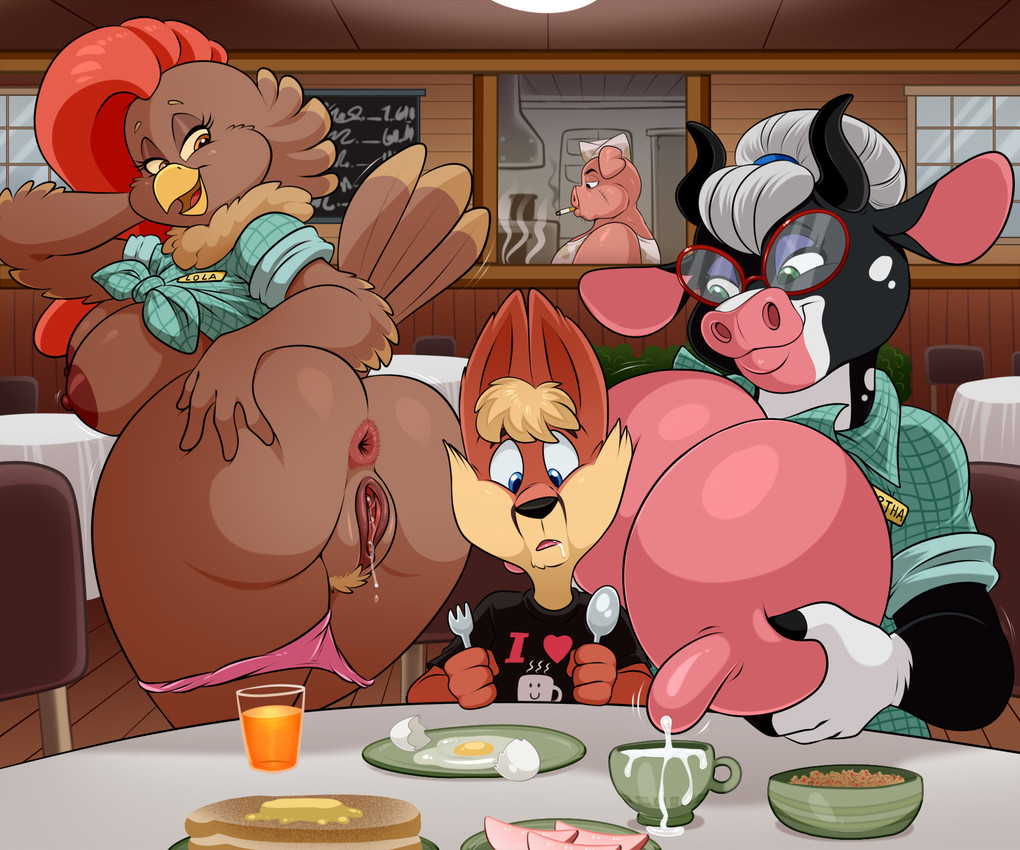 amber_eyes anthro anus big_breasts blue_eyes bodily_fluids bowl bread breakfast breasts butt cereal chair chalkboard chef cigarette cigarette_in_mouth clothing clothing_around_legs container cracked_egg cup cutlery drooling egg eyeshadow eyewear female food fork fruit furniture genital_fluids genitals glass glass_container glass_cup glasses green_eyes hair hair_bun half-closed_eyes hand_on_butt juice_(beverage) kitchen_utensils lactating makeup male milk motion_lines name_tag narrowed_eyes nipples object_in_mouth open_mouth orange_juice panties panties_around_legs plant plate presenting presenting_hindquarters print_clothing print_shirt print_t-shirt print_topwear pubes purple_eyeshadow restaurant saliva scar shirt smoking smoking_cigarette spoon t-shirt table toast tools topwear underwear underwear_around_legs utility_genitals vaginal_fluids vulva waiter lonbluewolf avian bird bovid bovine canid canine cattle chicken dairy_cattle domestic_pig fox galliform holstein_friesian_cattle mammal phasianid suid suine sus_(pig) 2025 6:5 hi_res