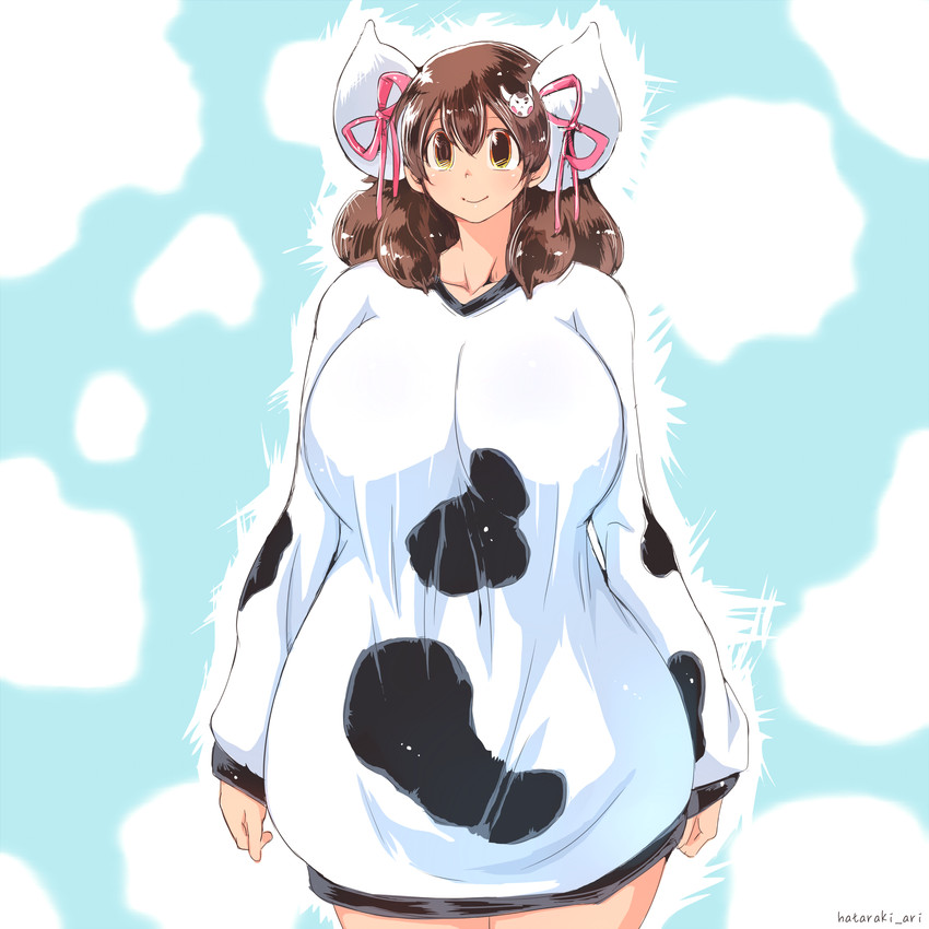 animal_print big_breasts breasts brown_eyes brown_hair clothed clothing cow_print female hair horn long_hair multicolored_eyes ribbons shirt smile solo topwear wide_hips yellow_eyes hataraki_ari animal_humanoid bovid bovid_humanoid bovine bovine_humanoid cattle_humanoid humanoid mammal mammal_humanoid 1:1 hi_res signature