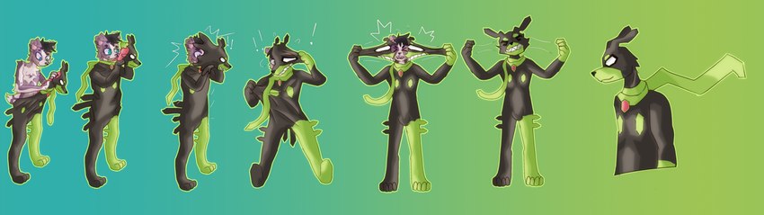 after_transformation anthro clothing goo_transformation male mid_transformation solo stretching suit suit_transformation transformation transformation_sequence crumbleumble nintendo pokemon canid canine generation_7_pokemon humanoid legendary_pokemon mammal pokemon_(species) zygarde zygarde_10_forme absurd_res hi_res