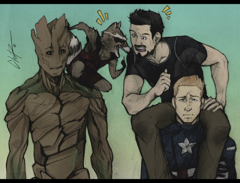 angry anthro armor black_bars brown_body brown_fur carrying_another clothed clothing costume front_view fur group male on_shoulders on_top on_top_of plant shirt simple_background size_difference topwear tree yelling chirocolor_(artist) guardians_of_the_galaxy marvel marvel_cinematic_universe captain_america groot rocket_raccoon tony_stark elemental_creature elemental_humanoid flora_colossus flora_fauna human humanoid mammal plant_humanoid procyonid raccoon 2014 signature