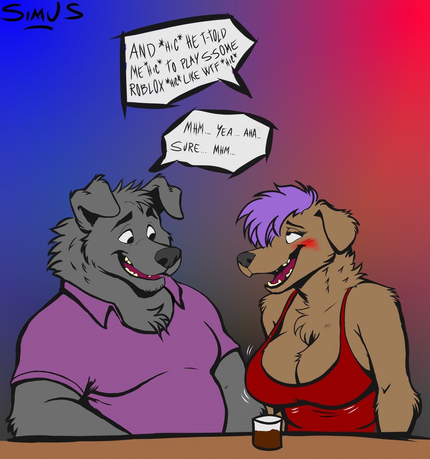 alcohol alcohol_consumption anthro aroused beverage bouncing_breasts breast_jiggle breasts cleavage clothed clothing dialogue disco domestic drunk duo female fully_clothed furniture glass hiccuping jiggling looking_at_breasts male motion_lines nervous sitting smile speech_bubble substance_intoxication table voyeur simusart canid canine canis domestic_dog mammal wolf club_(disambiguation) absurd_res hi_res