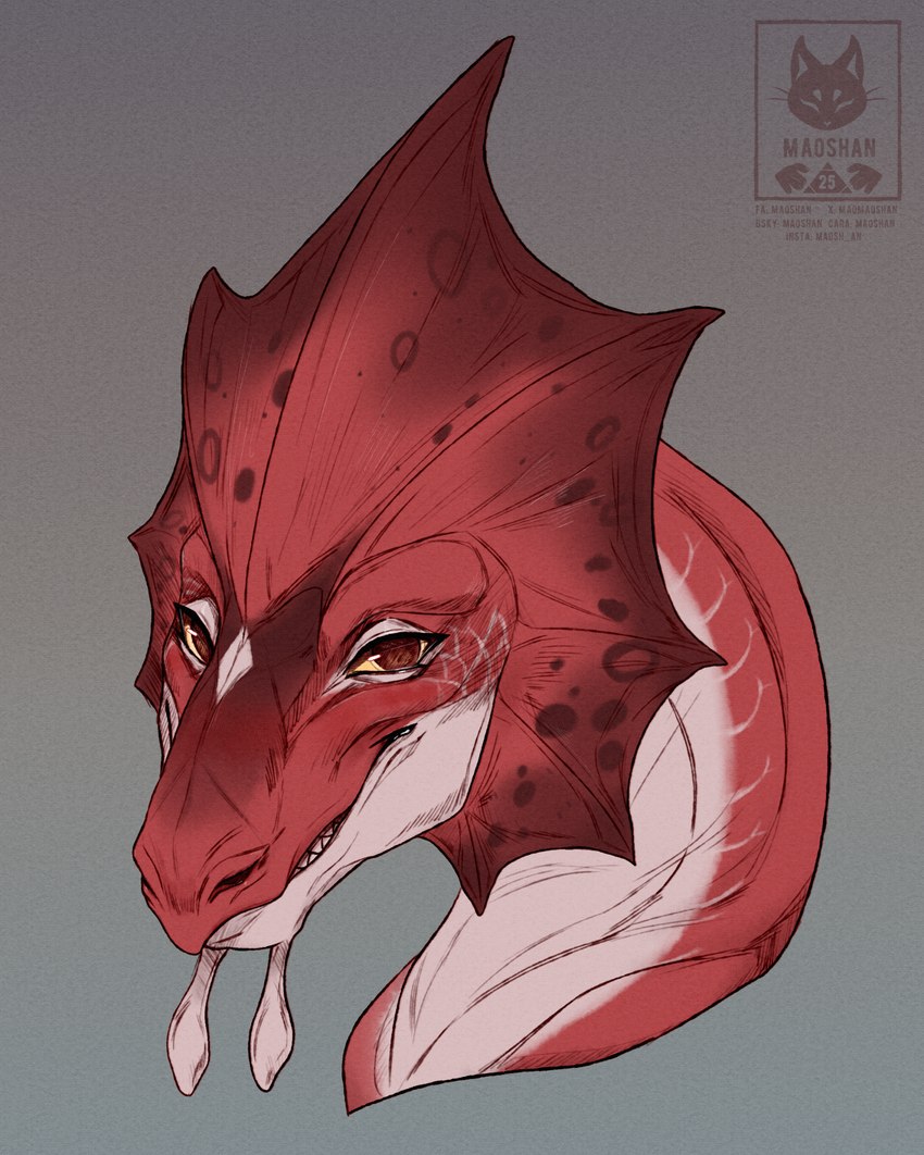 feral looking_at_viewer male markings membrane_(anatomy) multicolored_body no_sclera red_body red_membrane red_scales scales solo white_body white_markings white_scales yellow_eyes maoshan mythology zimt_(leafstone) aquatic_dragon dragon marine mythological_creature mythological_scalie scalie bust_portrait hi_res portrait