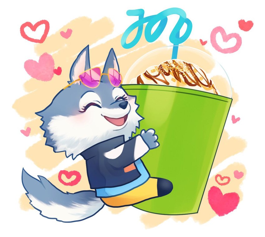 anthro beverage blue_straw bottomwear chibi clothing container countershading cup drinking_straw eyewear eyewear_on_head female happy heart_symbol hug jacket pants silly_straw solo sunglasses sunglasses_on_head topwear sioriw illumination_entertainment sing_(movie) porsha_crystal canid canine canis mammal wolf