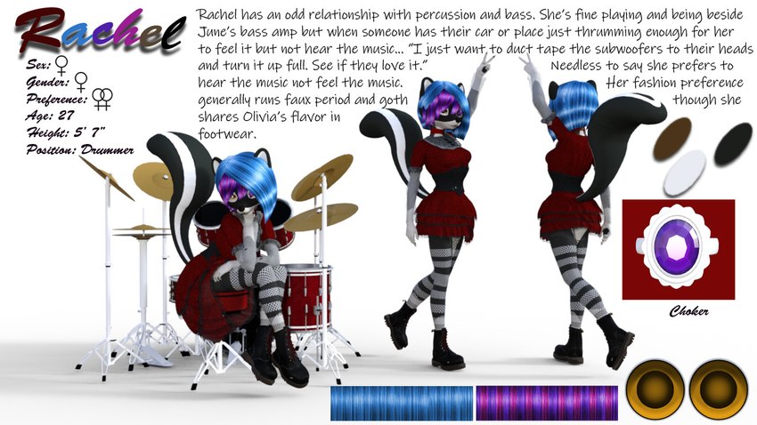 alternative_fashion anthro boots clothing drum drum_set female female/female_symbol female_symbol footwear gender_symbol goth highlights_(coloring) legwear musical_instrument musician percussion_instrument punk sexuality_symbol shoes solo stated_homosexuality stated_sexuality stockings symbol text anthro_(artist) mammal mephitid skunk 16:9 english_text model_sheet widescreen