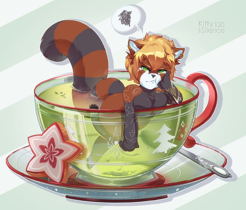 angry anthro blonde_hair breasts brown_body brown_fur container cup cutlery ear_piercing ear_ring female fur green_eyes green_tea_(beverage) hair in_container in_cup kitchen_utensils micro partially_submerged piercing ring_piercing short_hair short_stack solo spoon swimming tools katerezonate ailurid mammal red_panda 2020 digital_media_(artwork) hi_res