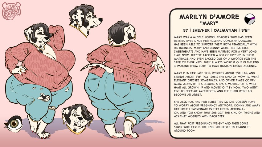 5_fingers anklet anthro big_breasts bottomwear breasts character_bio clothed clothing colored_nails demisexual_pride_colors denim denim_bottomwear denim_clothing digit_ring ear_piercing female fingers fur hand_behind_head hand_on_hip highlights_(coloring) jeans jewelry lgbt_pride looking_at_viewer marilyn_d'amore markings mature_female nails necklace obese obese_anthro obese_female one_eye_closed overweight overweight_anthro overweight_female pants paws piercing pride_colors ring solo spots spotted_body spotted_fur sweater text topwear torn_bottomwear torn_clothing torn_pants wedding_ring white_body wide_hips wink winking_at_viewer gingerlybreadart canid canine canis dalmatian domestic_dog mammal 16:9 2025 english_text hi_res model_sheet widescreen