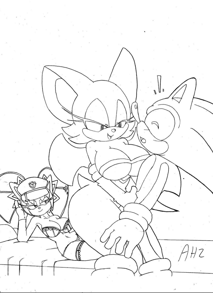 anthro being_watched big_breasts breasts cleavage clothed clothing female grope group imminent_sex looking_at_another male male/female skimpy underwear voyeur superbunnygt sega sonic_the_fighters sonic_the_hedgehog_(series) honey_the_cat rouge_the_bat sonic_the_hedgehog bat domestic_cat eulipotyphlan felid feline felis hedgehog mammal 2015 hi_res monochrome pen_(artwork) traditional_media_(artwork)