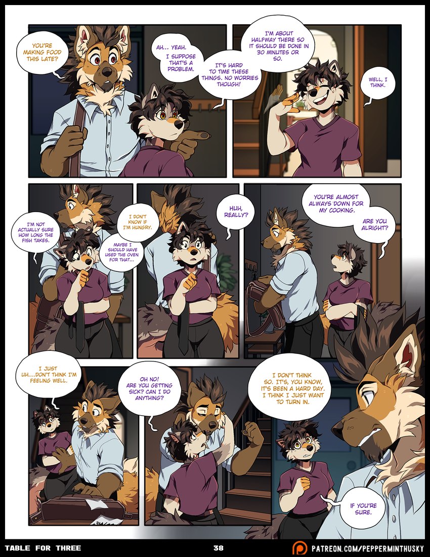 anthro bottomwear brown_hair clothed clothing dialogue duo female fur hair male orange_body orange_fur pants red_eyes shirt text topwear aycee ben_(roanoak) sandra_(roanoak) canid canine canis mammal maned_wolf wolf comic english_text hi_res url