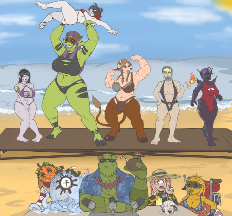 beach bikini bulge carrying_another clothing detailed_background eyewear female feral flexing food fruit group gynomorph intersex looking_at_viewer male muscular muscular_female one-piece_swimsuit outside plant pumpkin sand scar seaside sling_bikini smile standing sunglasses swimwear tight_clothing two-piece_swimsuit water dannyg big_shimmershell_green mina_(sinister) alien animal_humanoid beholder bovid bovid_humanoid bovine bovine_humanoid cattle_humanoid cnidarian cyclops elemental_creature fish fish_humanoid flora_fauna food_creature humanoid jellyfish living_fruit mammal mammal_humanoid marine marine_humanoid medusozoan monster