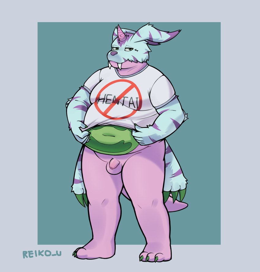 animal_skin anthro balls belly bottomless clothed clothing flaccid fupa fur genitals horn male navel overweight penis shirt solo standing striped_body striped_fur stripes t-shirt text topwear reiko_u bandai_namco digimon digimon_(species) psychemon english_text hi_res