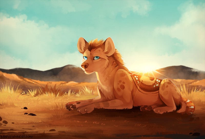 blue_eyes day detailed_background female feral fur grass orange_body orange_fur orange_nose outside pawpads paws plant quadruped solo maplespyder maple_(maplespyder) hyena mammal spotted_hyena 2016 digital_media_(artwork) digital_painting_(artwork)