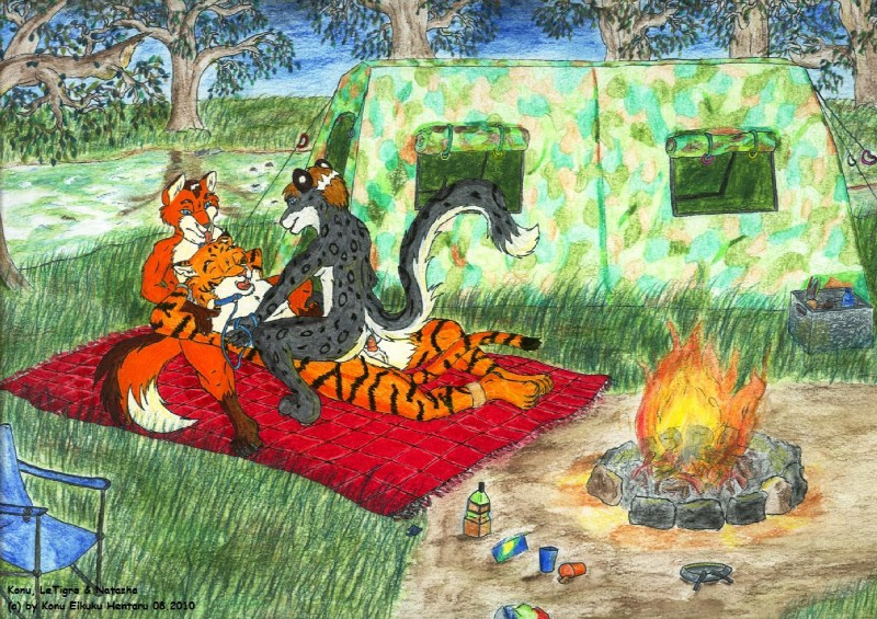 ambiguous_gender anthro anthro_on_anthro balls campfire erection evening female genitals group group_sex male male/female penetration penis sex tail tent threesome trio vaginal xaafw konu_eikuku_hentaru letigre natasha_(letigre) canid canine felid fox leopard mammal pantherine snow_leopard tiger 2010 colored_pencil_(artwork) mixed_media painting_(artwork) traditional_media_(artwork) watercolor_(artwork)