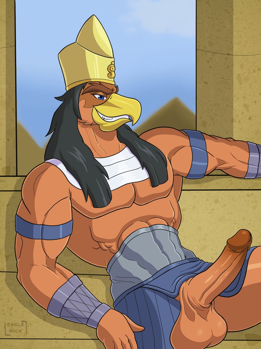 abs anthro armband balls beak biceps big_balls big_penis blue_eyes bracelet brown_eyebrows clothing egyptian egyptian_clothing erection eyebrows feathers genitals glans hair humanoid_genitalia humanoid_penis jewelry looking_at_viewer male muscular muscular_anthro muscular_male pecs penis pyramid shendyt simple_background sitting smile solo teeth eaglerick egyptian_mythology middle_eastern_mythology mythology the_cluefinders horus horus_(the_cluefinders) avian bird deity 3:4 digital_media_(artwork) hi_res