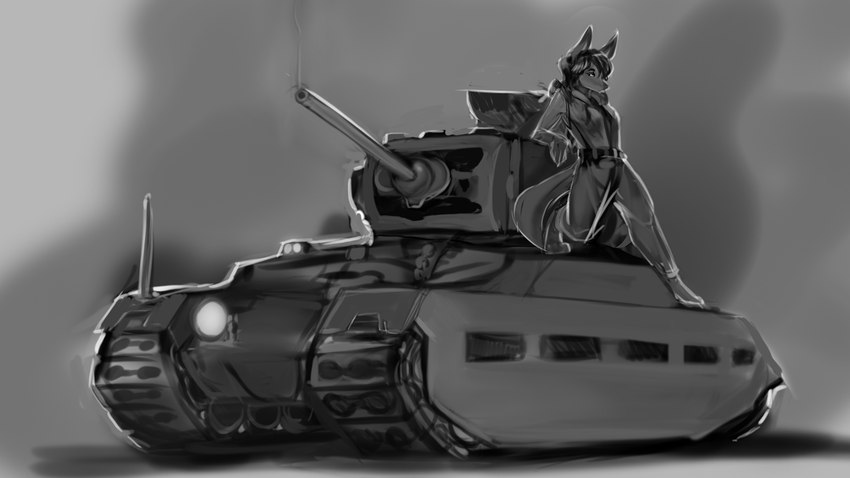 anthro barefoot biped breasts clothed clothing feet female hair matilda_(tank) simple_background snout solo tail tank vehicle watsup ellen_heart canid canine canis mammal wolf 16:9 2018 digital_media_(artwork) hi_res monochrome widescreen